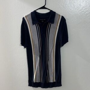 Saks Fifth Avenue Navy Polo with White and Tan Stripes